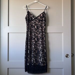 Mahina Lace Sleeveless‎ V-Neck A-Line Slip Midi Dress Women Medium Black Nude